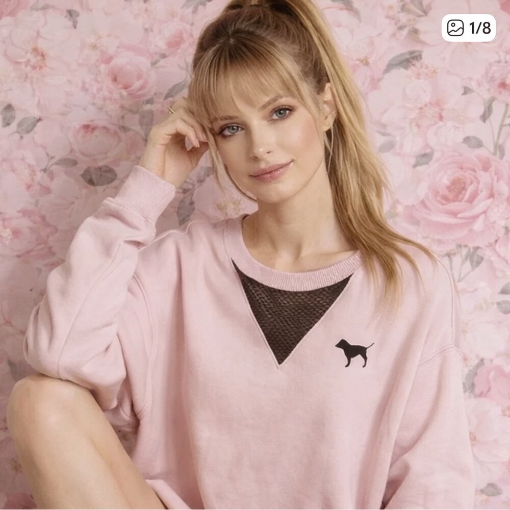 Victoria’s Secret Pink Black Mesh Dog Light Pink Logo Sweatshirt Size XS